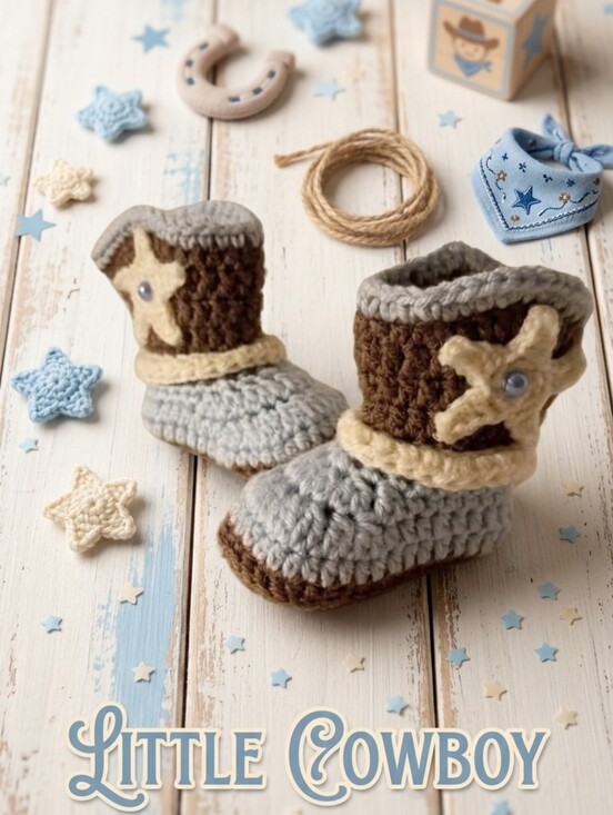 Other - Handmade Crochet Baby Boy Blue Cowboy Booties 0-3 Months